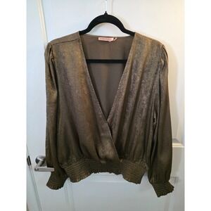 Esqualo long sleeve blouse olive shimmer green size 12 plunge cross over chest